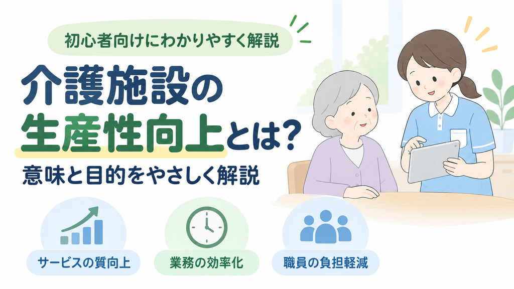介護施設の生産性向上について、サービスの質向上・業務効率化・職員の負担軽減を示したイラスト