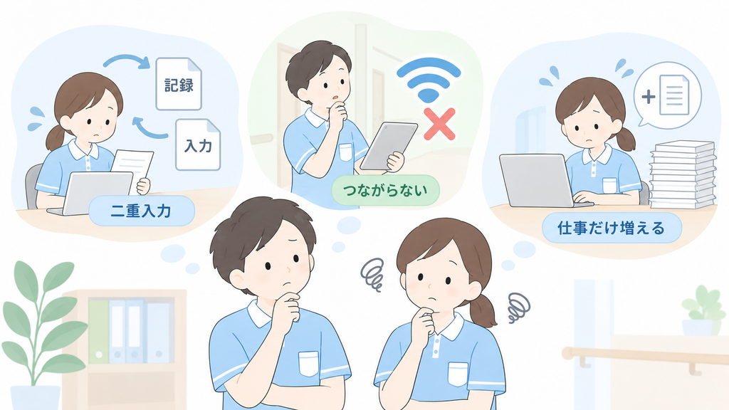 介護施設の生産性向上で起きやすい二重入力、通信環境の不一致、業務追加による負担を示したイラスト