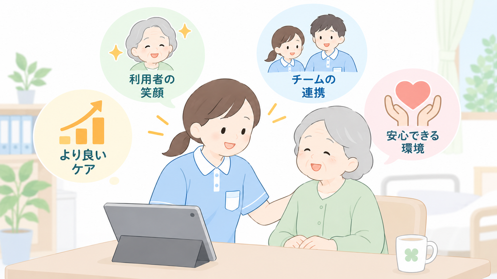 介護職員と利用者の関わりを中心に、ケアの質やチーム連携の向上を表したイラスト