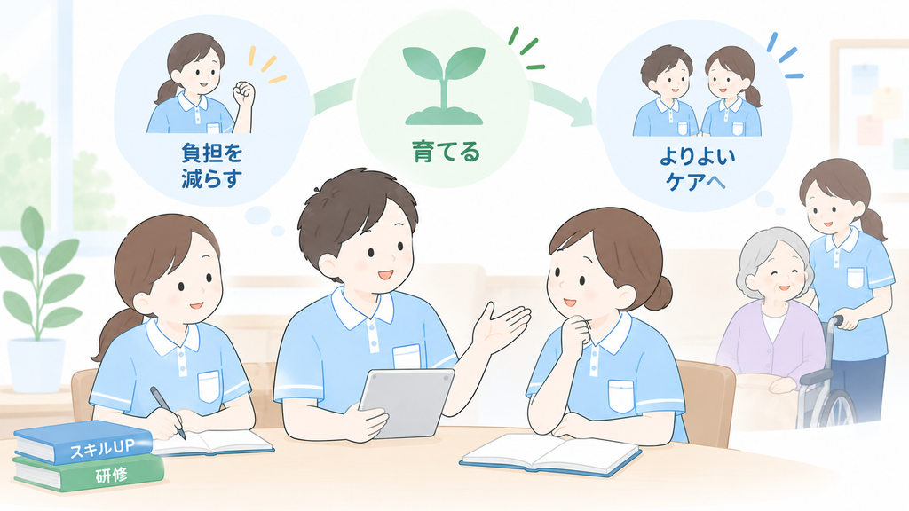 介護職員の負担軽減と研修・人材育成を進め、よりよいケアにつなげる考え方を示したイラスト