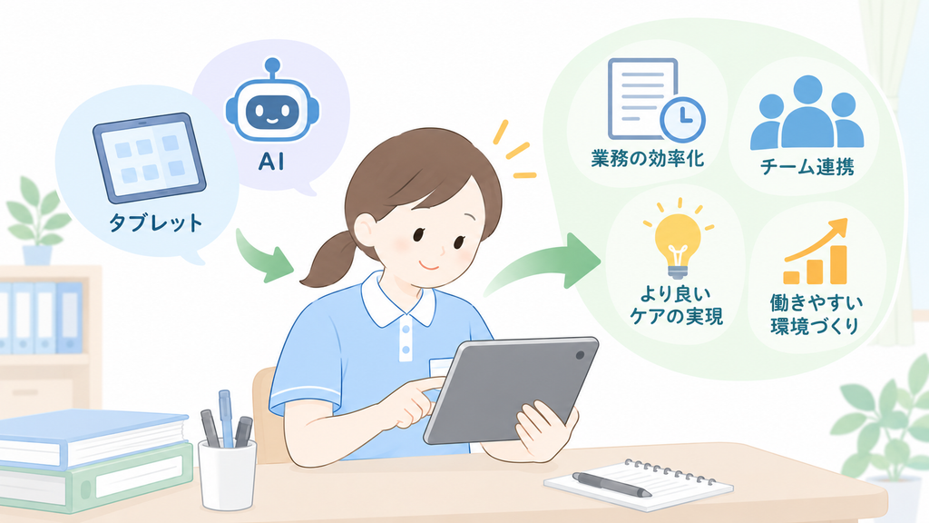 介護職員がタブレットやAIを業務改善の手段として活用する様子を表したイラスト