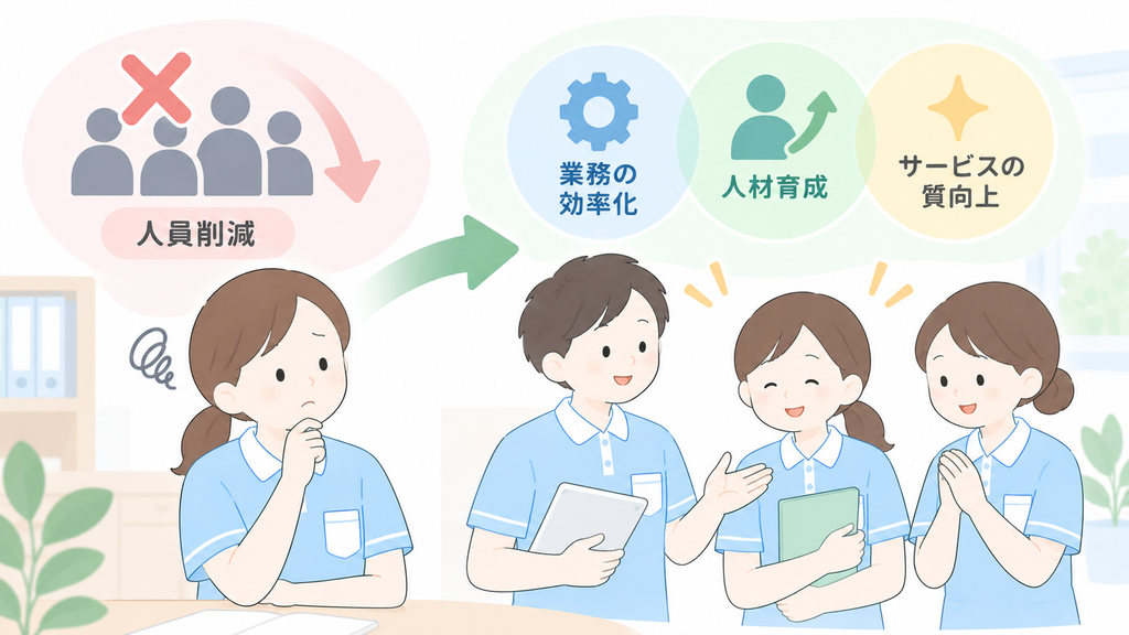 介護施設の生産性向上は人員削減ではなく、業務効率化・人材育成・サービスの質向上を目指す考え方を示したイラスト