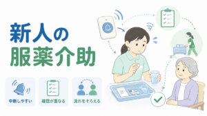 新人介護士が服薬介助中にコール対応や確認作業が重なる場面を整理したイラスト。