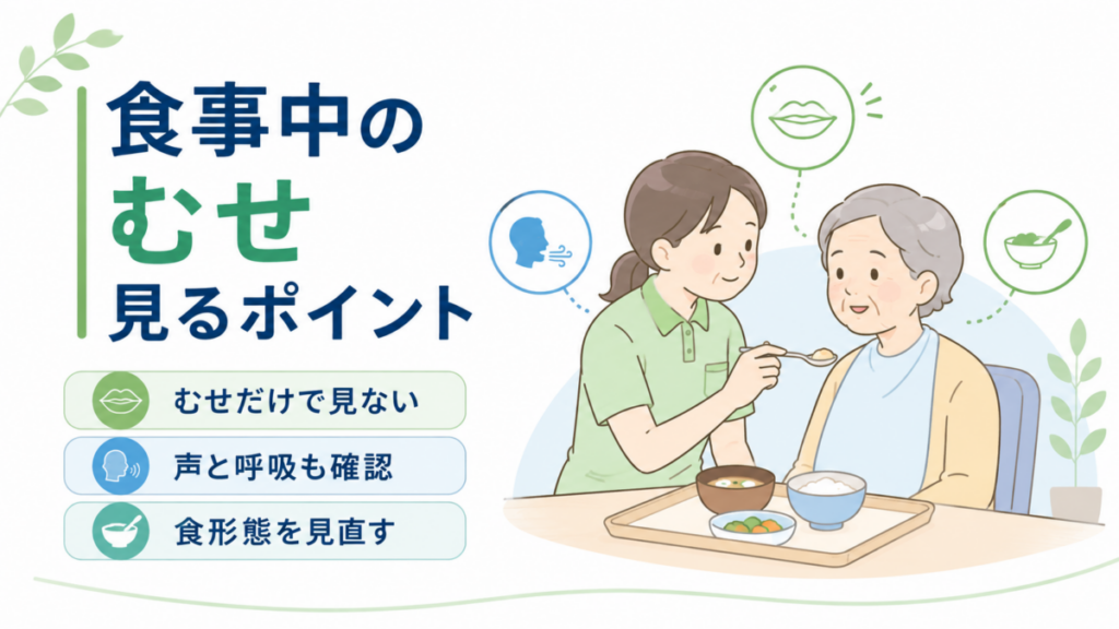 食事介助中の高齢者を見守りながら、むせだけでなく声や呼吸、食形態も確認するポイントを示したイラスト。