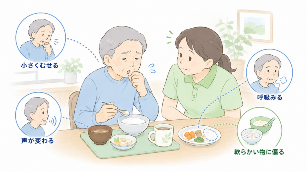 食事介助中に見られる小さなむせ、声の変化、呼吸の乱れ、軟らかい食べ物への偏りを介護士が観察する様子を示したイラスト。