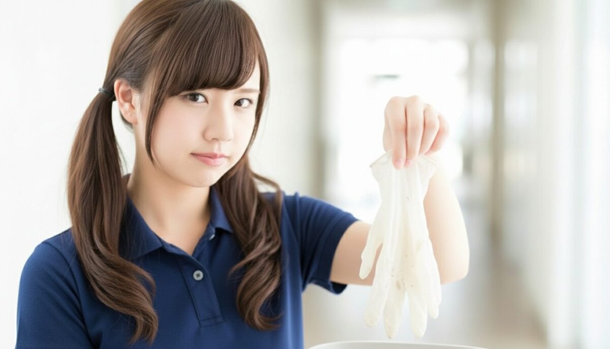 介護職員が使用済みの手袋を外して廃棄する様子。感染対策として排泄介助やケア後の適切な個人防護具（PPE）管理を行う場面