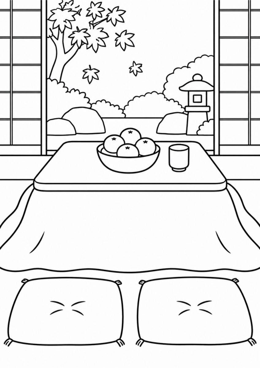こたつの上のみかんと湯のみ、座布団、秋の庭を描いた高齢者向け白黒塗り絵