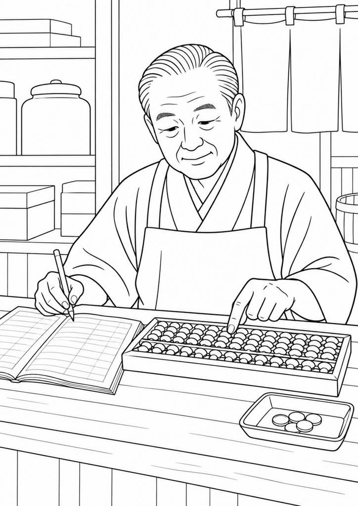 商店の帳面とそろばんで計算する男性の白黒塗り絵