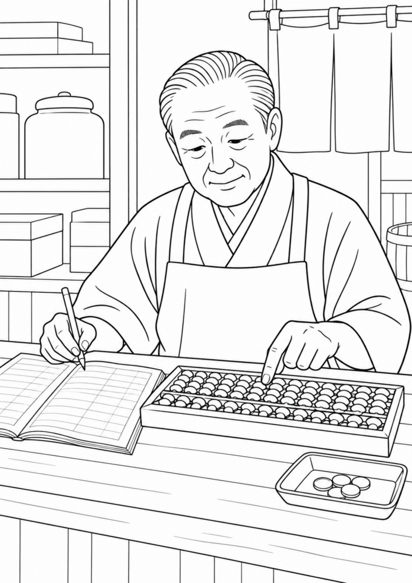 商店の帳面とそろばんで計算する男性の白黒塗り絵