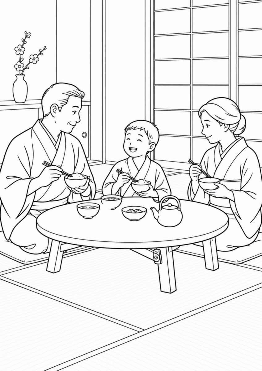 家族が丸いちゃぶ台を囲んで食事をする白黒塗り絵