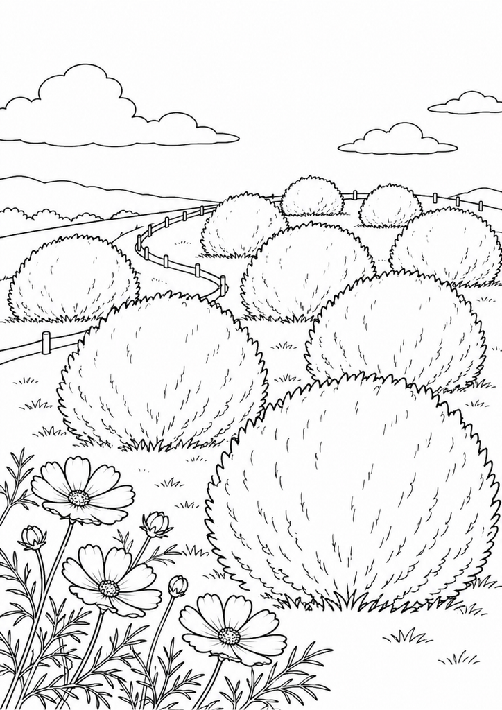 丸いコキアとコスモスが並ぶひたち海浜公園の秋の丘を描いた白黒の塗り絵