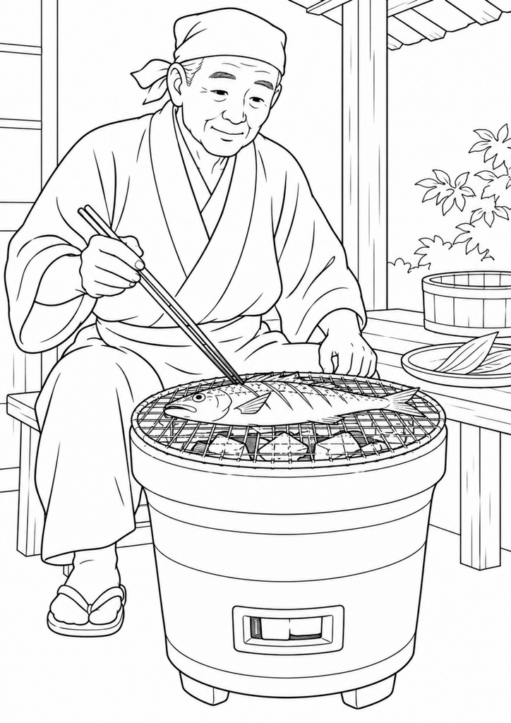 丸い七輪の炭火で魚を焼く男性の白黒塗り絵