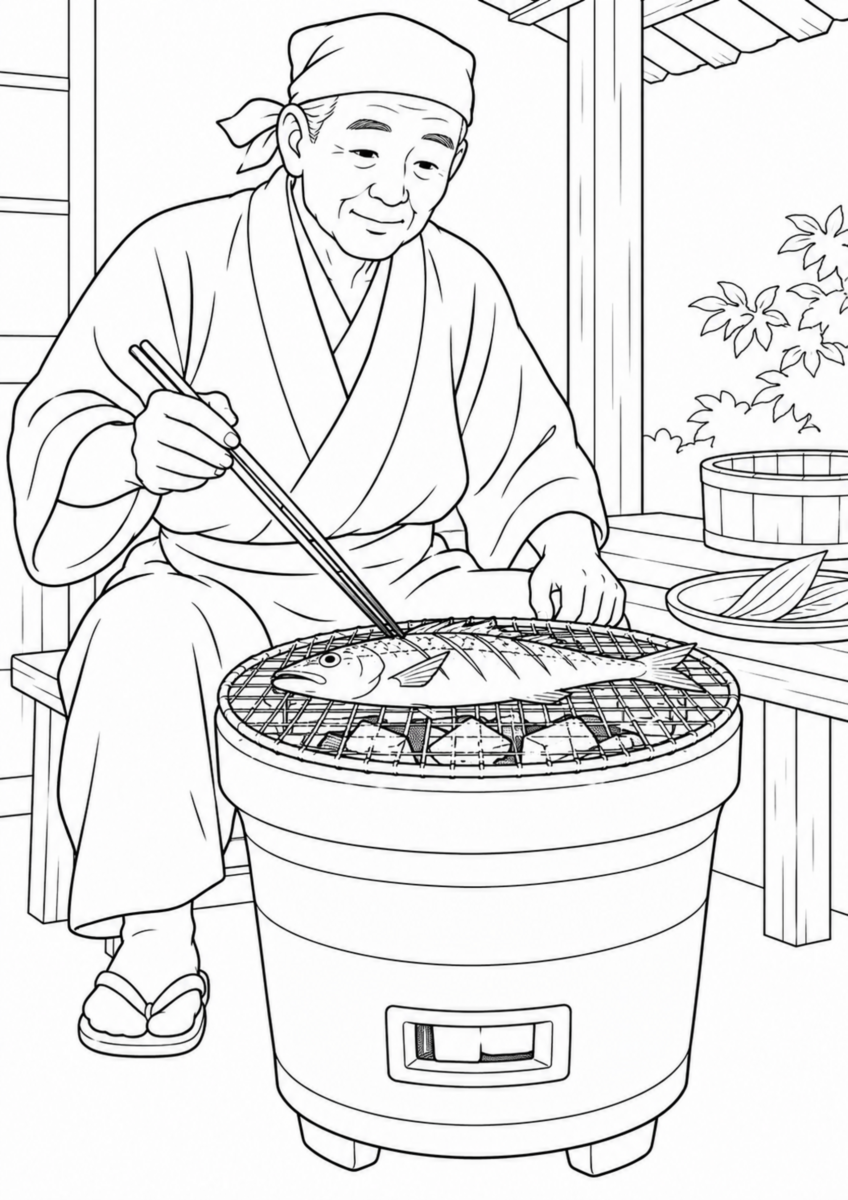 丸い七輪の炭火で魚を焼く男性の白黒塗り絵