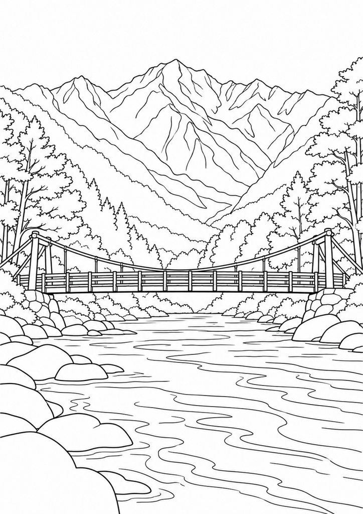 上高地の河童橋と梓川、穂高の山並みを描いた10月の白黒の塗り絵