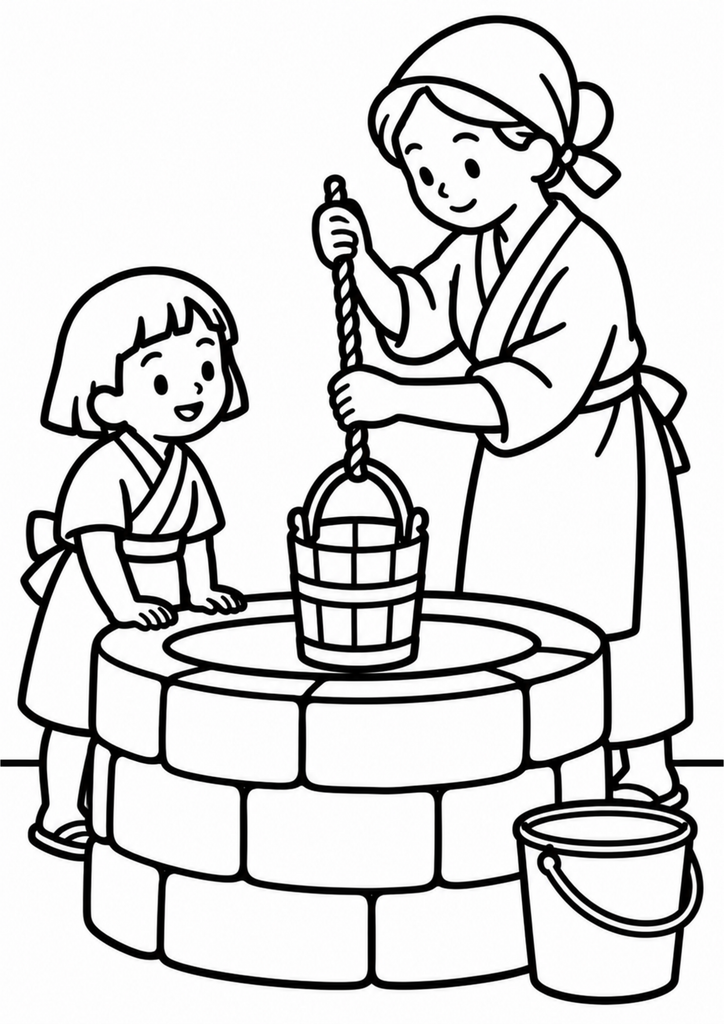 太い線で描かれた、女性と子どもが石組みの井戸から木の桶で水をくむ白黒塗り絵