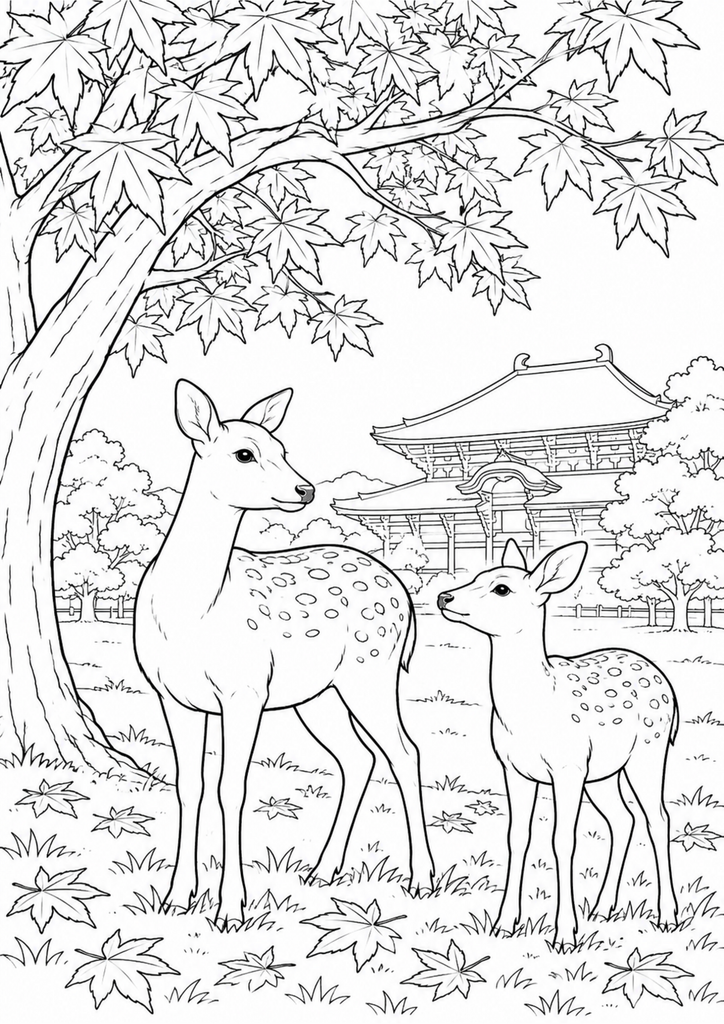 奈良公園の紅葉の木の下に立つ二頭の鹿と寺院を描いた白黒の塗り絵