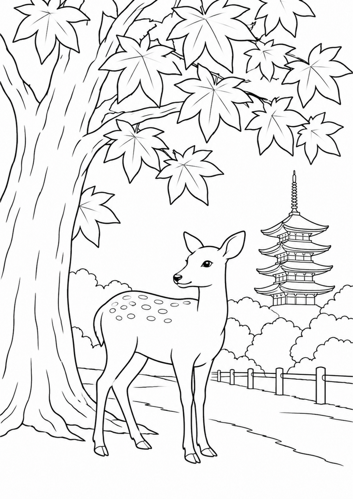 奈良公園の鹿ともみじの大木、遠くの五重塔を描いた白黒の塗り絵