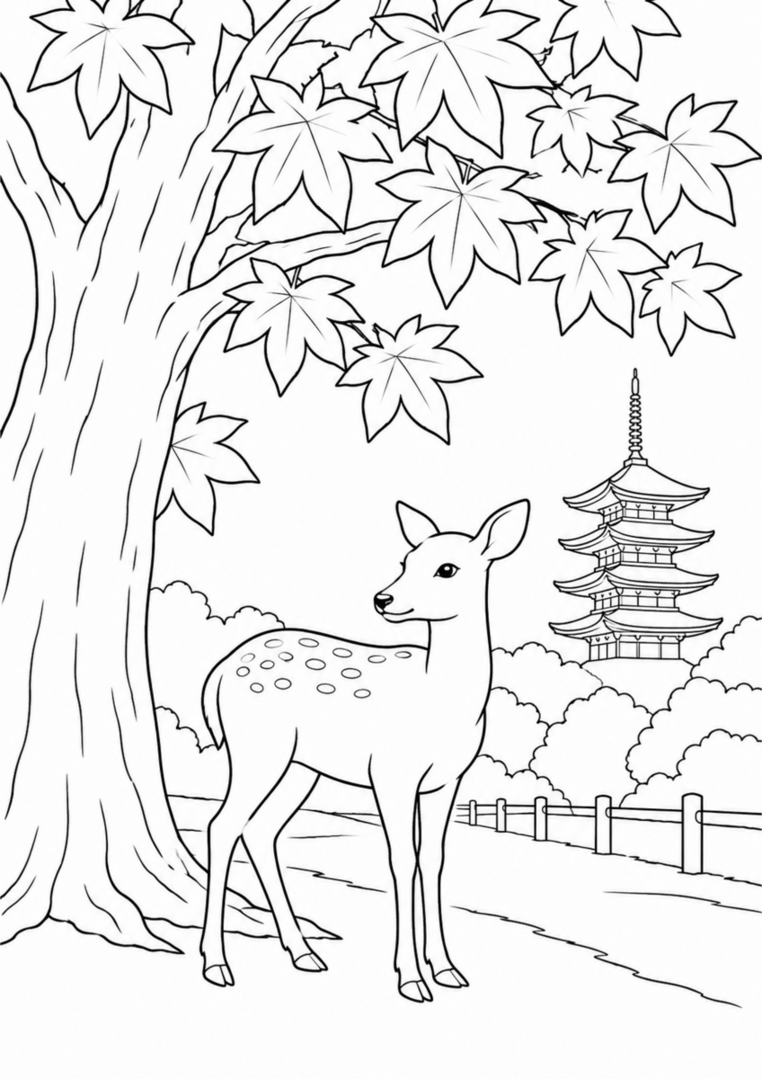 奈良公園の鹿ともみじの大木、遠くの五重塔を描いた白黒の塗り絵