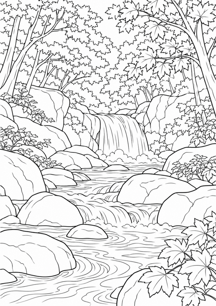 紅葉の木々と大きな岩の間を流れる奥入瀬渓流と滝の白黒の塗り絵