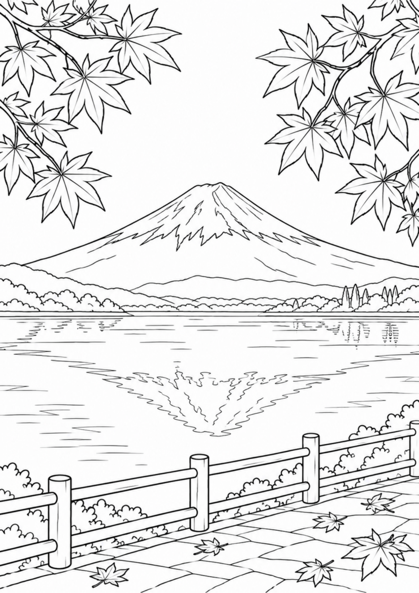 【10月】富士山と河口湖の秋景色の塗り絵