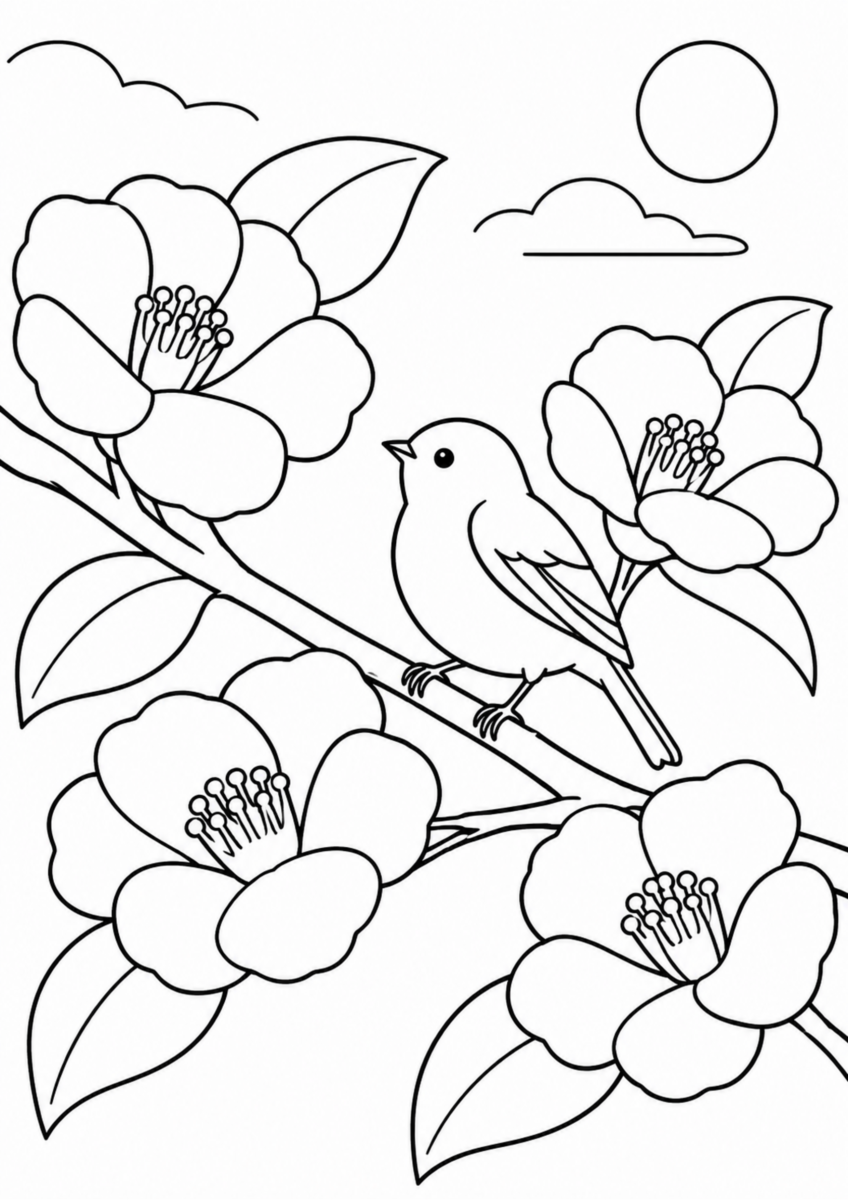 【11月の花】山茶花と小鳥の塗り絵