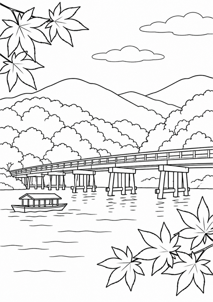 嵐山の渡月橋と紅葉の山、小舟を描いた高齢者向けの白黒塗り絵