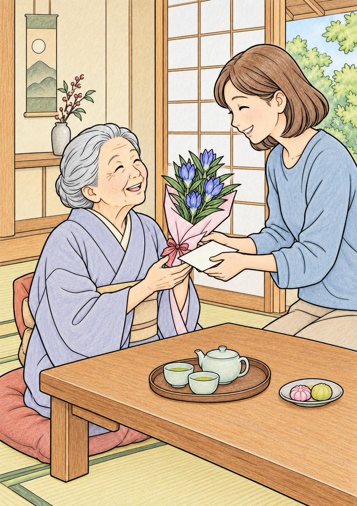 敬老の日に和室で青紫の花束と手紙を受け取る高齢女性を彩った着色見本