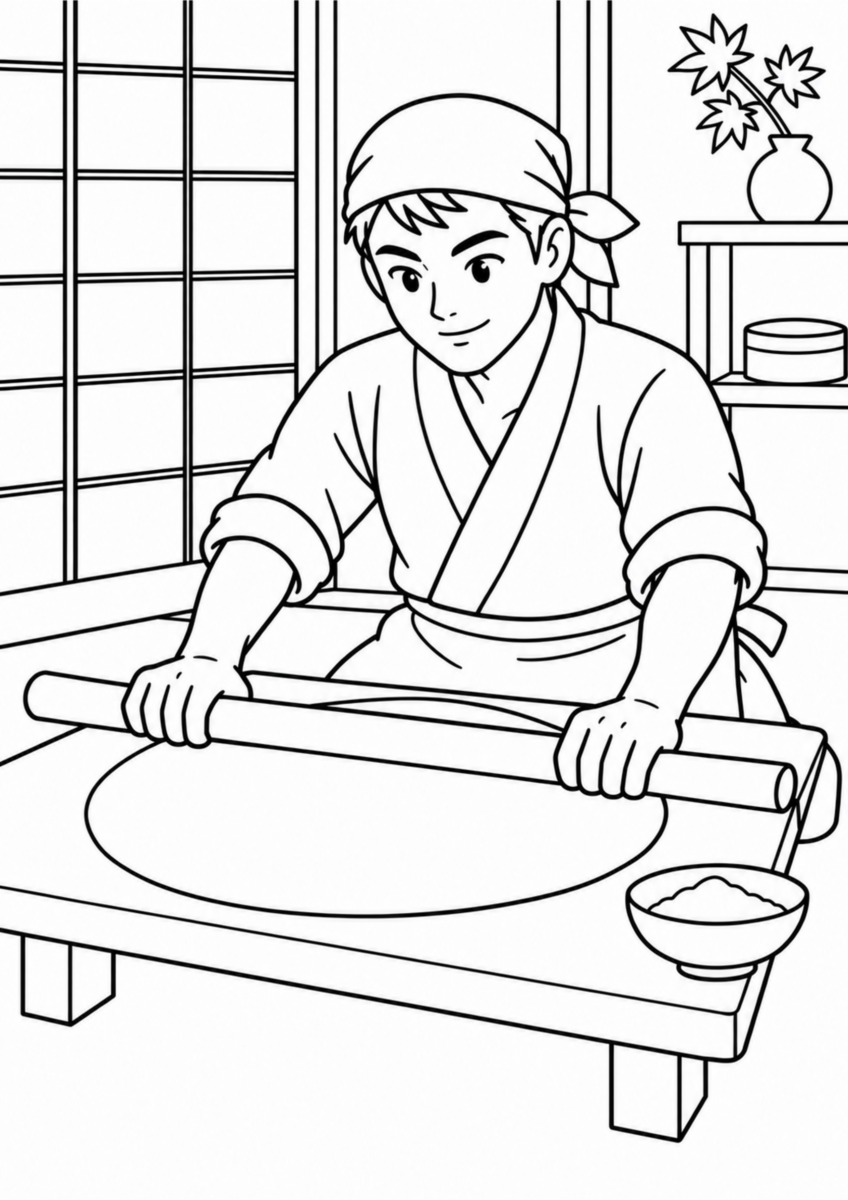 和室の木の台で麺棒を使いそば生地をのばす若い男性を描いた高齢者向け白黒塗り絵