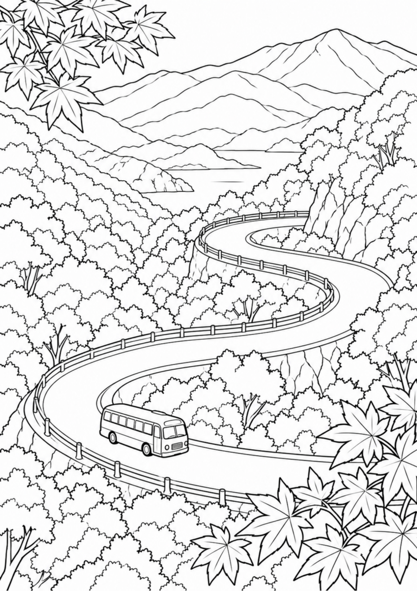 【10月】日光いろは坂の紅葉の塗り絵