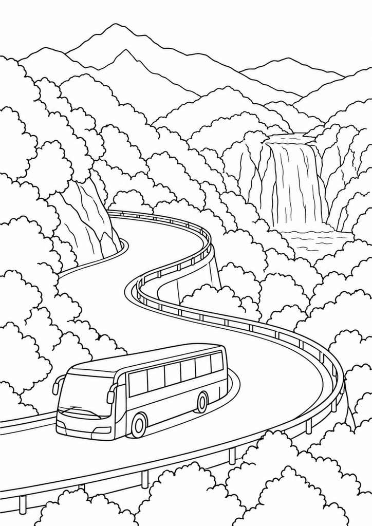 紅葉のいろは坂を走る観光バスと滝を描いた高齢者向けの白黒塗り絵