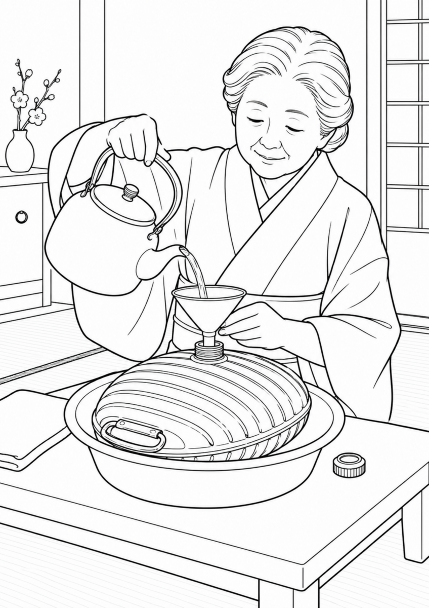 金属製の湯たんぽへやかんの湯を注ぐ女性の白黒塗り絵