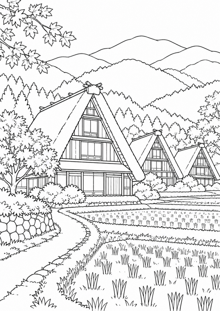 白川郷の合掌造りの家と収穫後の田んぼ、秋の山を描いた白黒の塗り絵
