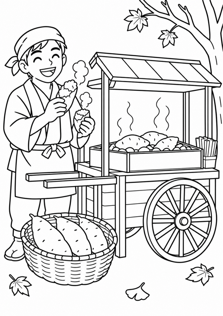 焼き芋を持つ若い店主と木の荷車、かごのさつまいもを描いた高齢者向け白黒塗り絵