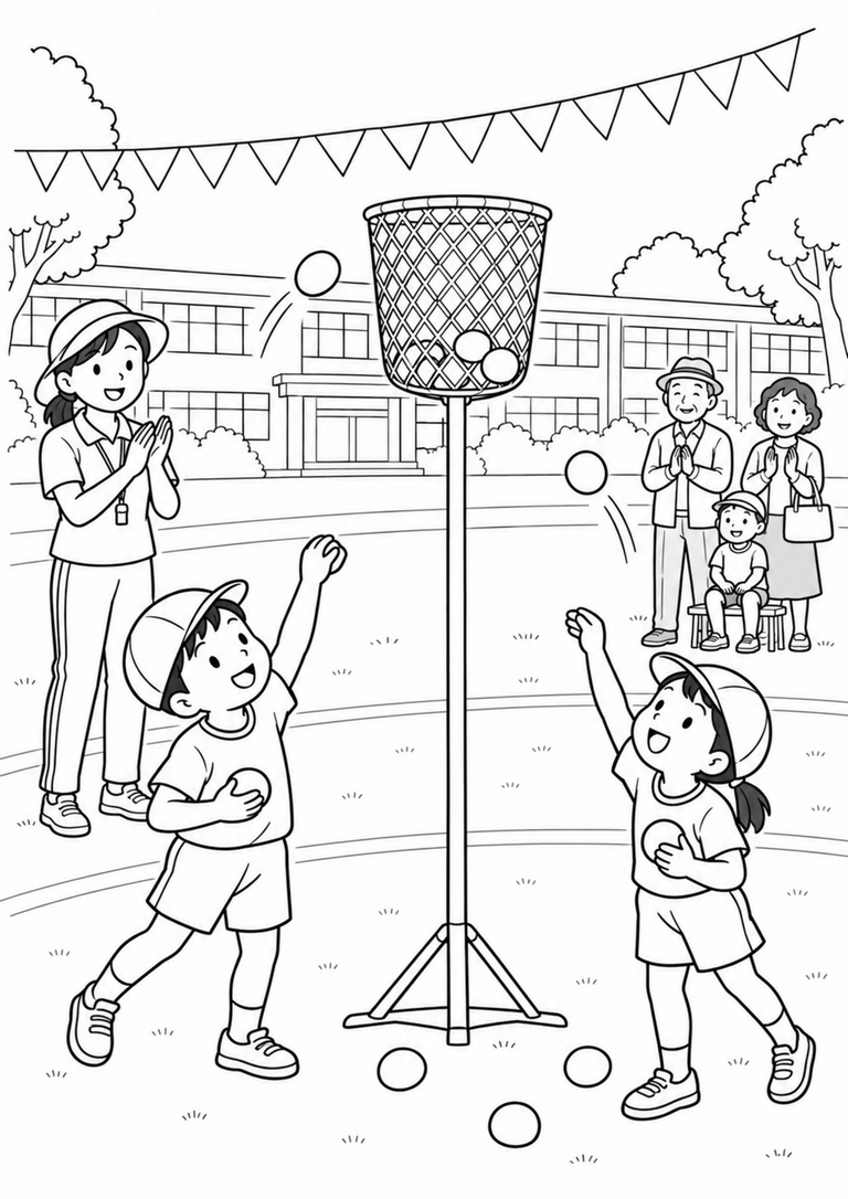 校庭で子どもたちが玉入れをし、先生と家族が見守る秋の運動会の白黒塗り絵