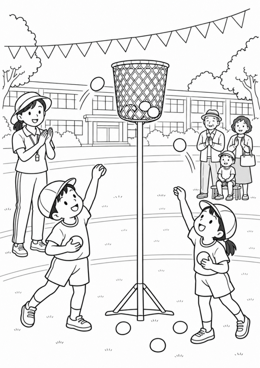 校庭で子どもたちが玉入れをし、先生と家族が見守る秋の運動会の白黒塗り絵