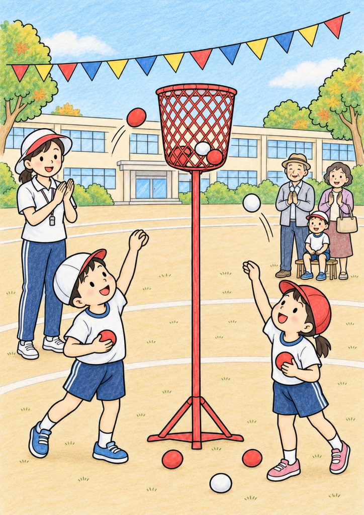 校庭の玉入れと見守る先生や家族を落ち着いた色で彩った秋の運動会の着色見本