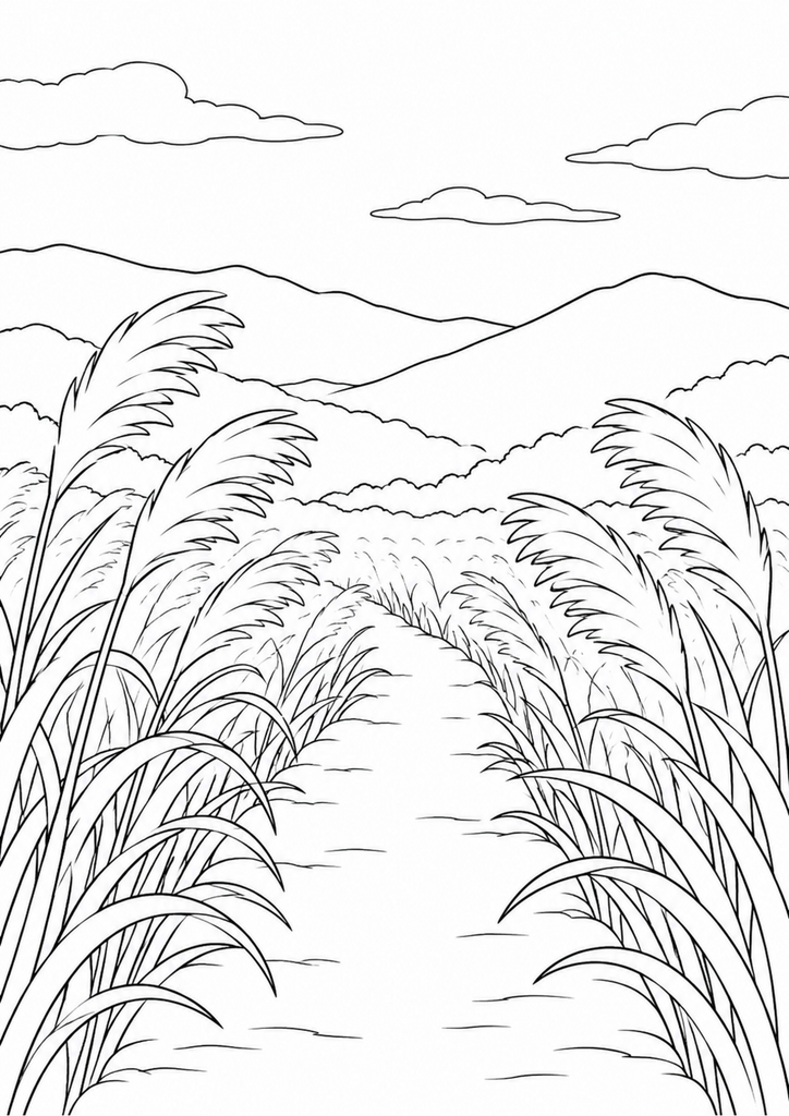 箱根仙石原のすすき草原を通る一本道と秋の山を描いた白黒の塗り絵