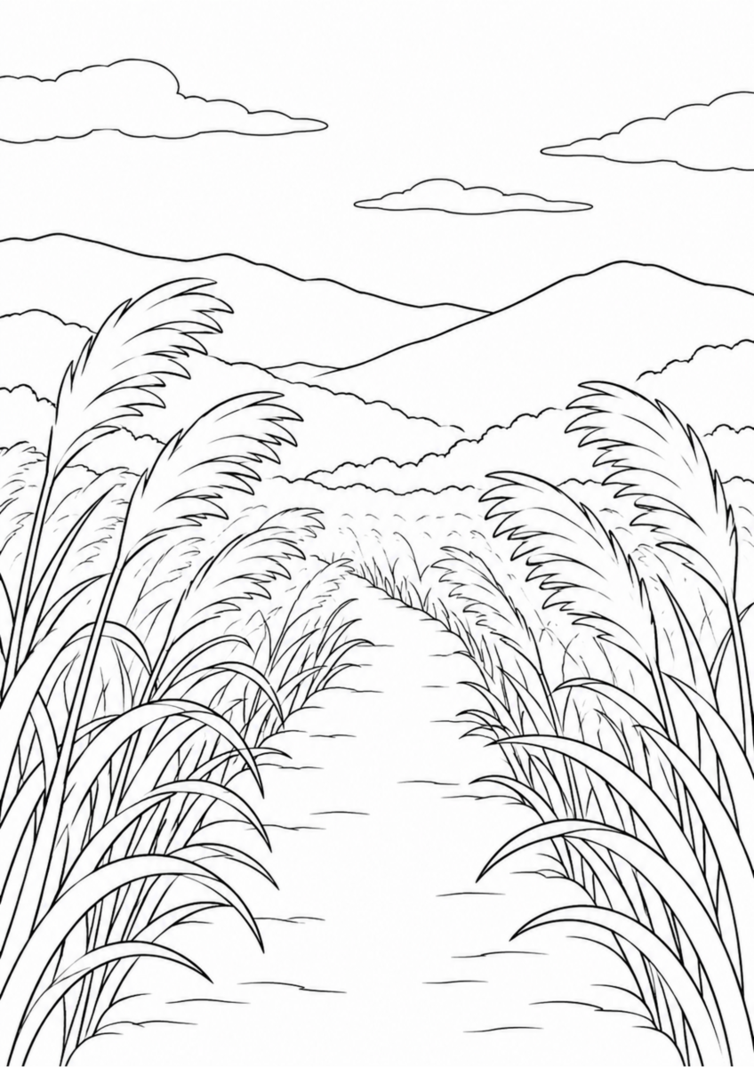 箱根仙石原のすすき草原を通る一本道と秋の山を描いた白黒の塗り絵