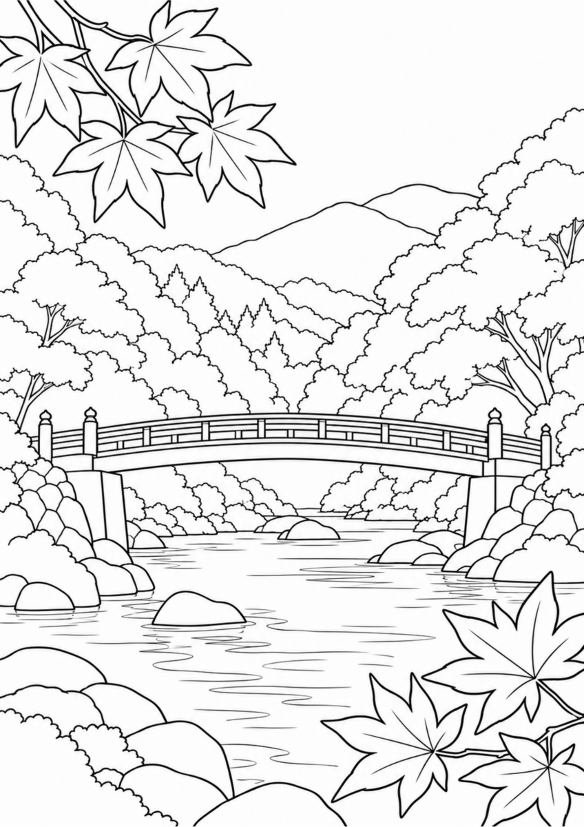 香嵐渓の橋と巴川、紅葉の山を描いた高齢者向けの白黒塗り絵