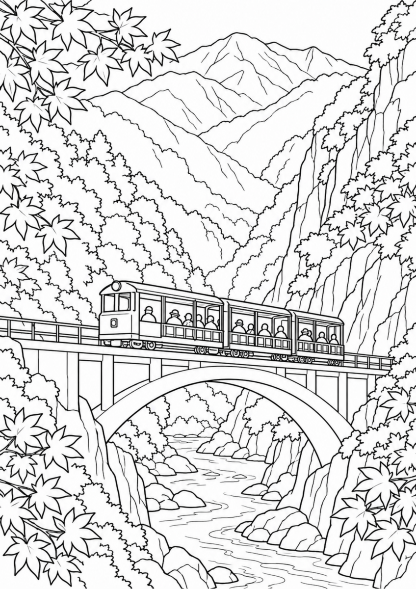【10月】黒部峡谷のトロッコ電車と紅葉の塗り絵
