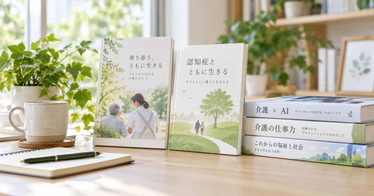 介護や生成AIに関する書籍が机の上に並んでいる様子