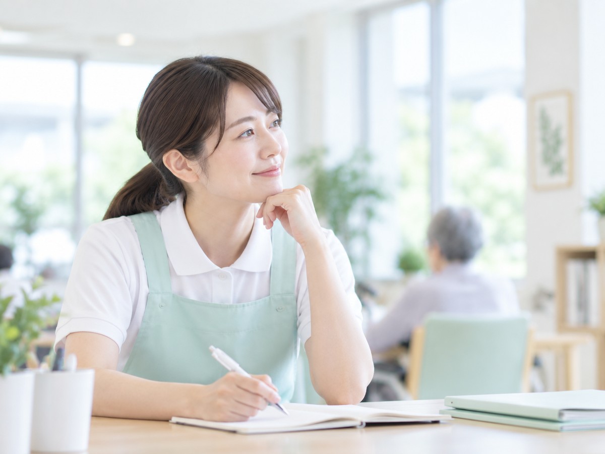 ノートを開いた介護職員が窓辺で考えを整理する場面