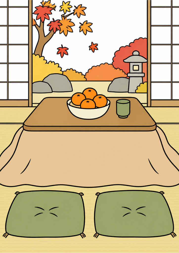 こたつの上のみかんと湯のみ、座布団、秋の庭を秋らしい色で彩った着色見本