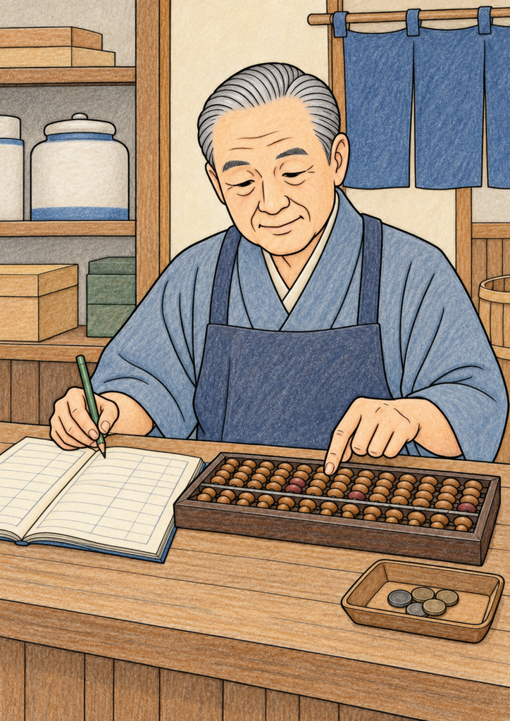 木のそろばんをはじき帳面へ記録する男性の着色見本