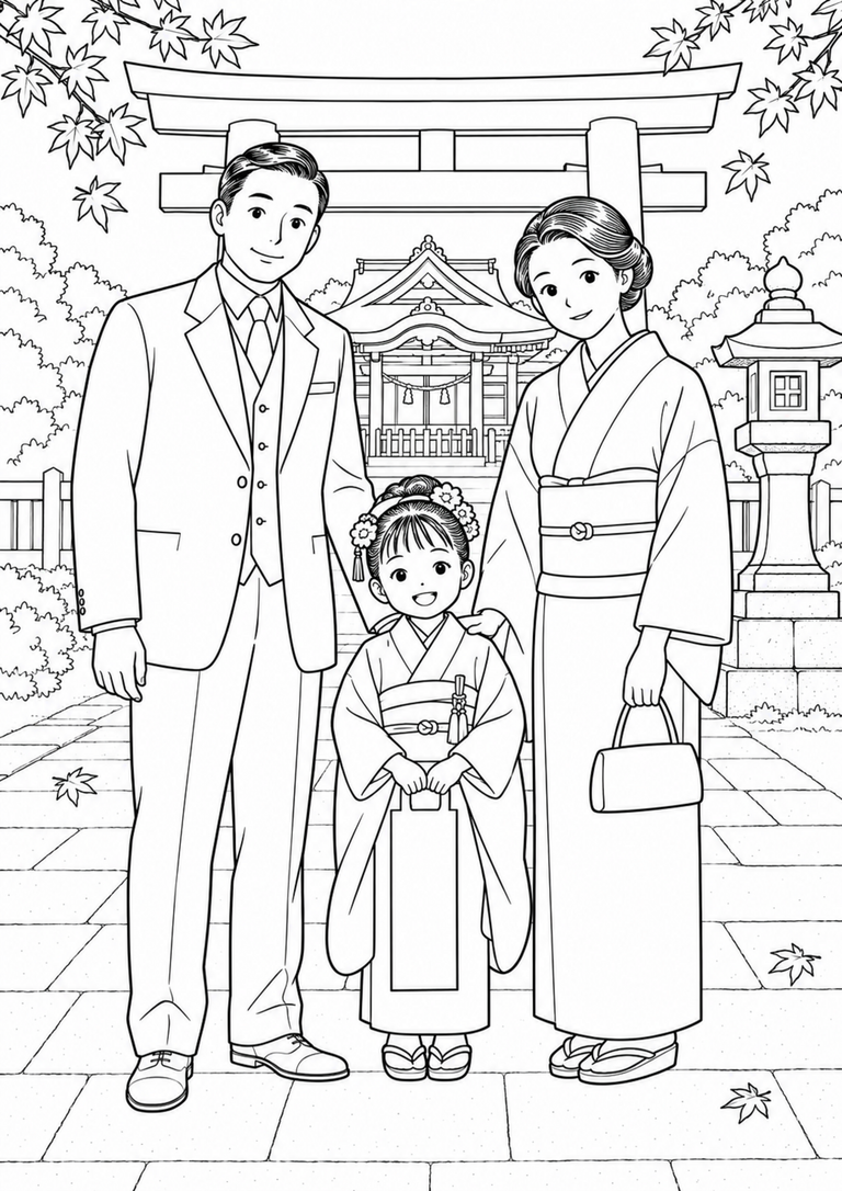 晴れ着の女の子が両親と紅葉の神社へ七五三参りをする場面の白黒塗り絵