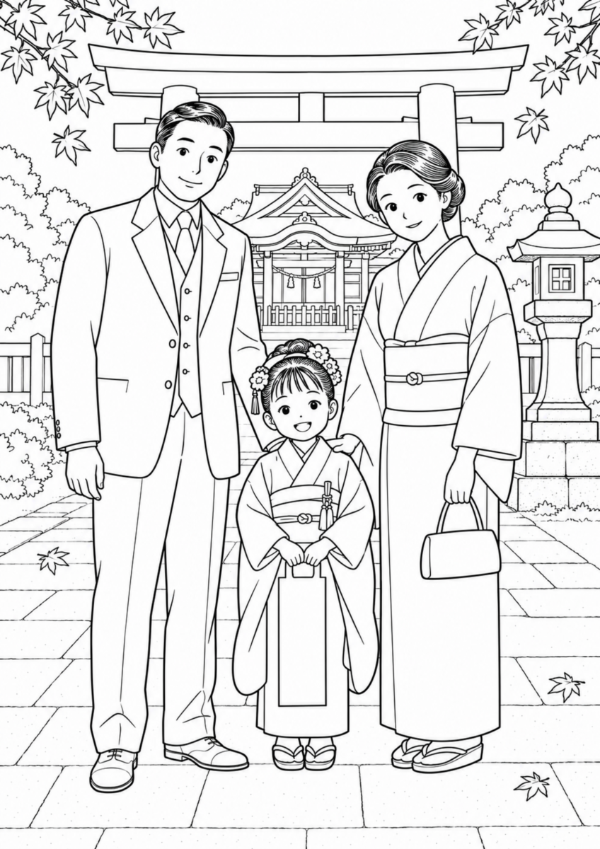 晴れ着の女の子が両親と紅葉の神社へ七五三参りをする場面の白黒塗り絵