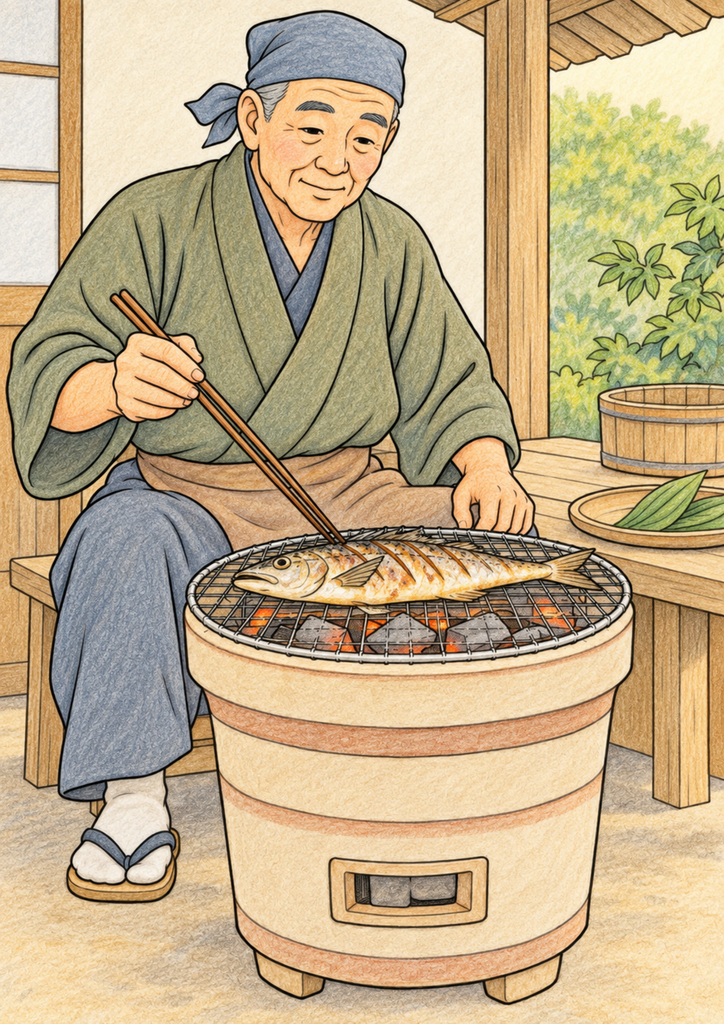 七輪の焼き網で魚を焼く男性をやさしい色で塗った見本