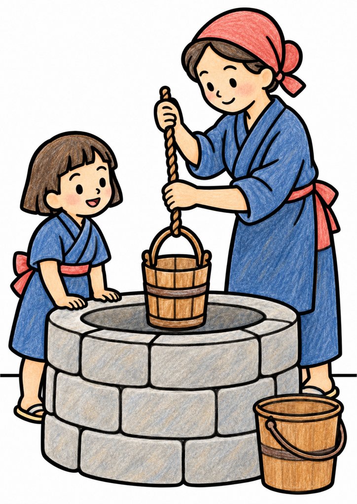 井戸と桶を茶色、衣服を藍色で彩った井戸端の水くみの着色見本