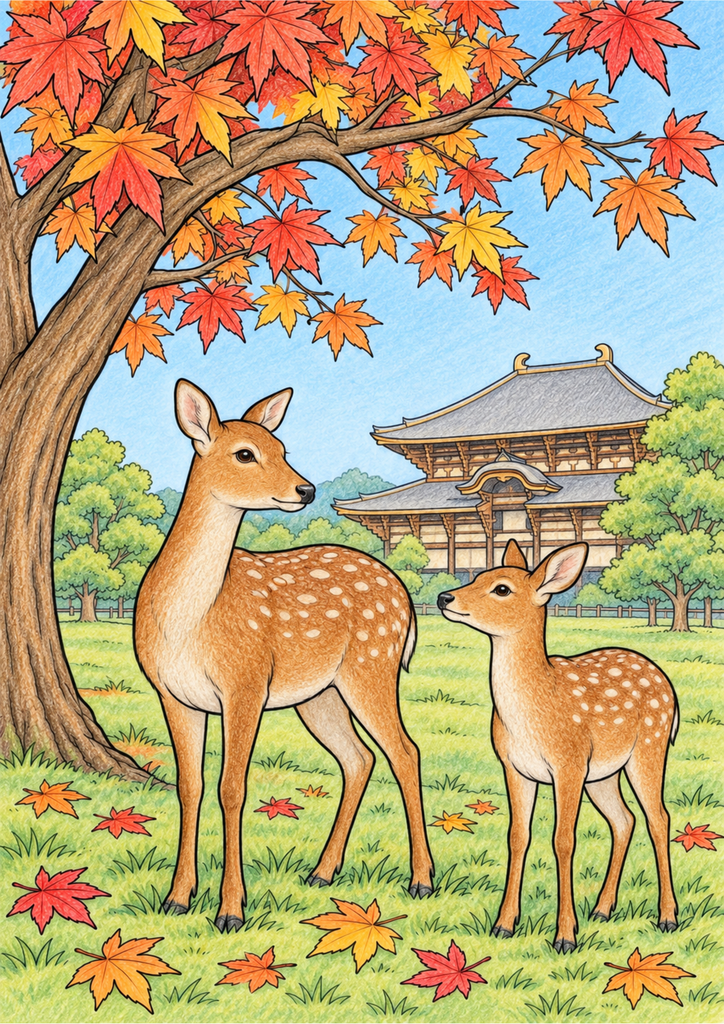 茶色い鹿と赤や黄色の紅葉、奈良の寺院を色鉛筆調で塗った着色見本