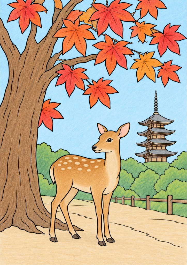 奈良公園の鹿ともみじ、五重塔を秋らしい色で彩った着色見本